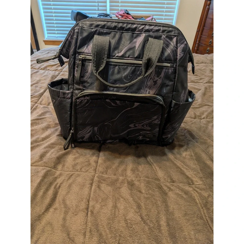 Skip Hop Mainframe Wide Open Backpack Diaper Bag Black Grey Marble Swirl